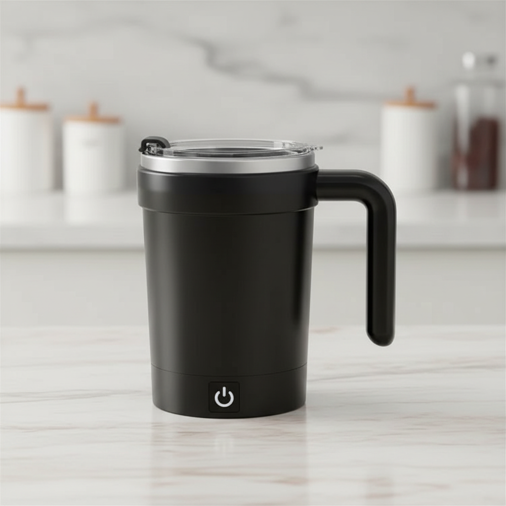Czarny kubek termiczny z automatycznym mieszaniem