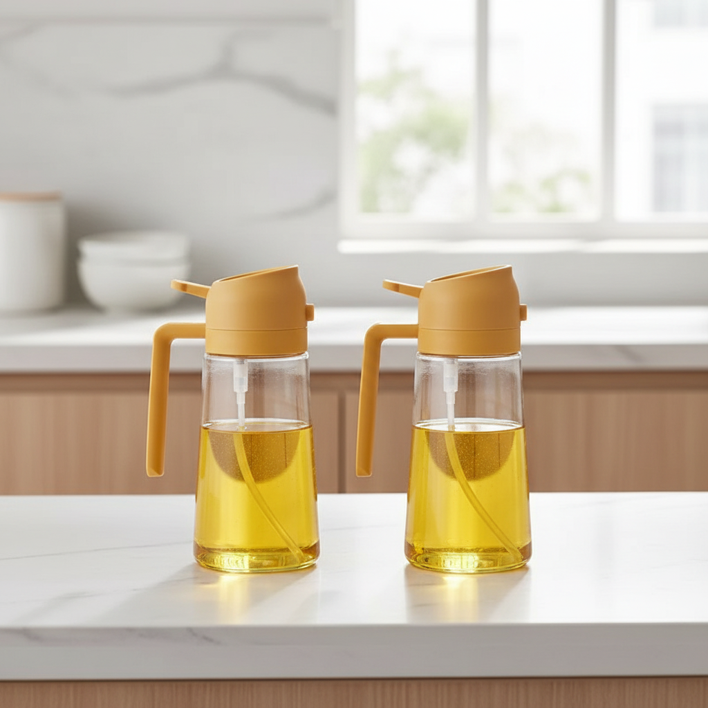 Dwie żółte butelki na olej na kuchennym tle