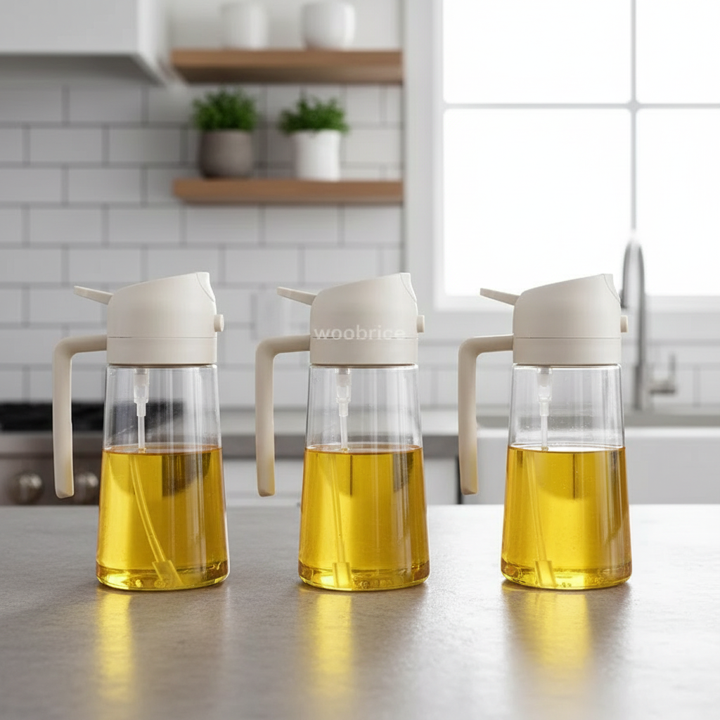 Trzy białe butelki na olej na kuchennym tle