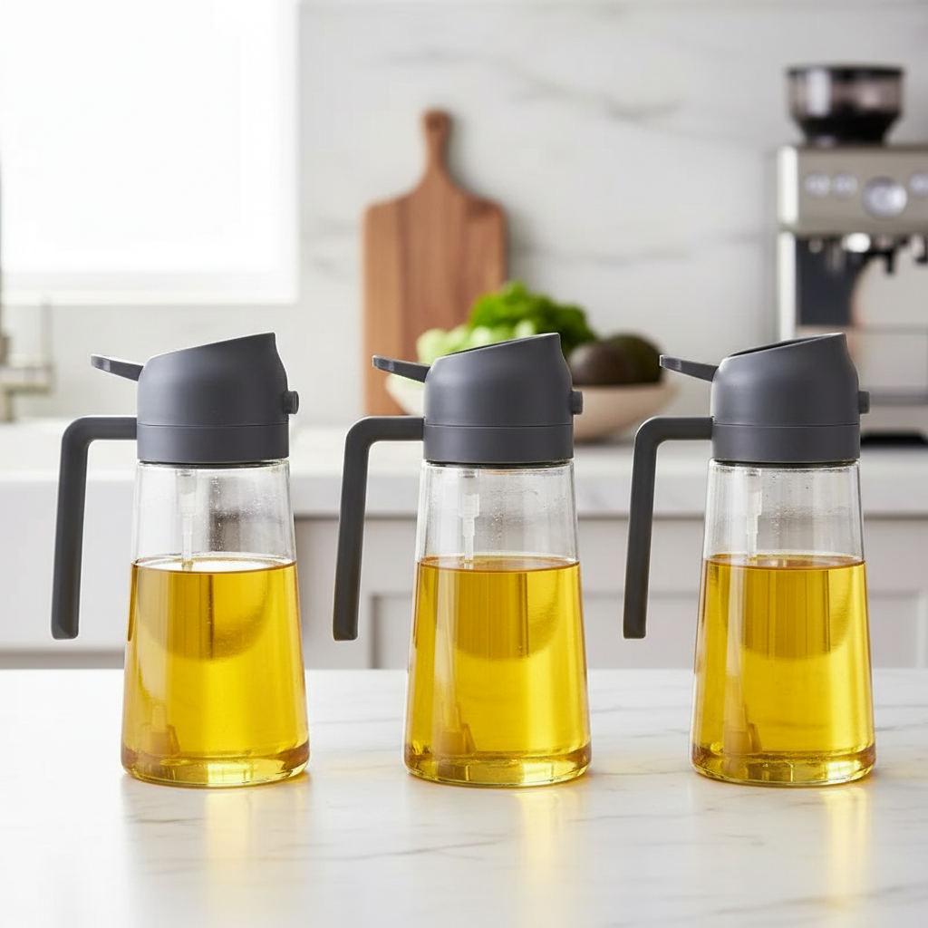 Trzy szare butelki na olej na kuchennym tle